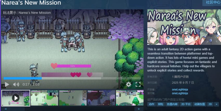 【PC/安卓/官中/动作/ACT游戏/510M】娜莉亚的新任务(Narea’s New Mission )Ver1.7 官中步兵版+存档+PC+安卓+动作ACT游戏+510M